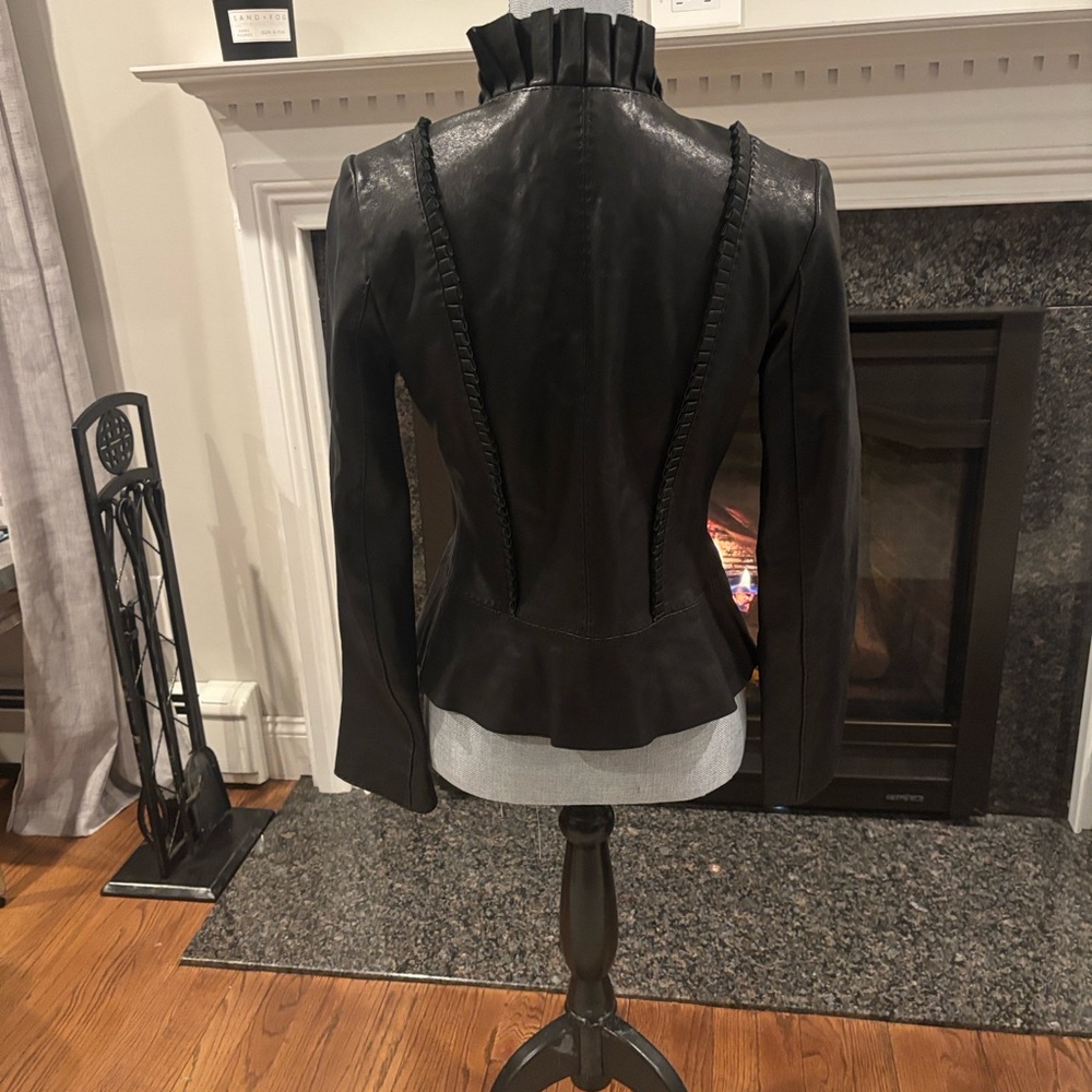 Tory Burch Black Ruffle Leather Jacket with Pleated Detail - Picture 2 of 6